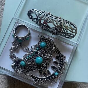Y2K Vintage Fashion Jewelry Set Turquoise Tribal Pendant Necklace and Rings Set